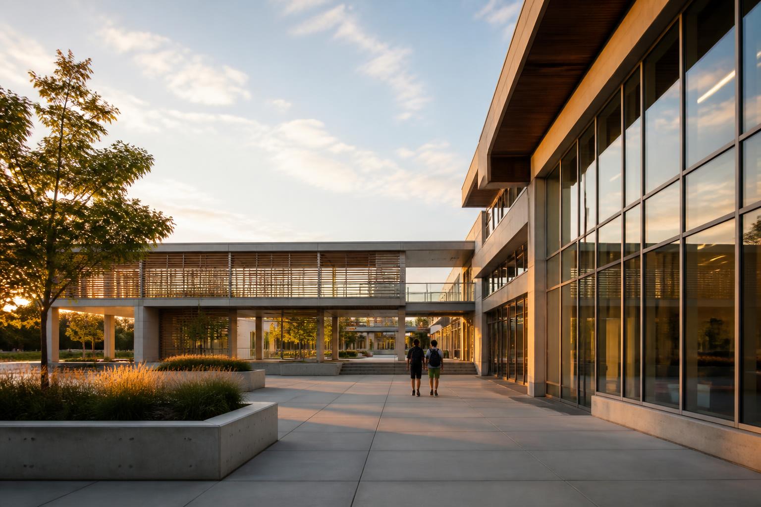 A contemporary school building at golden hour.
