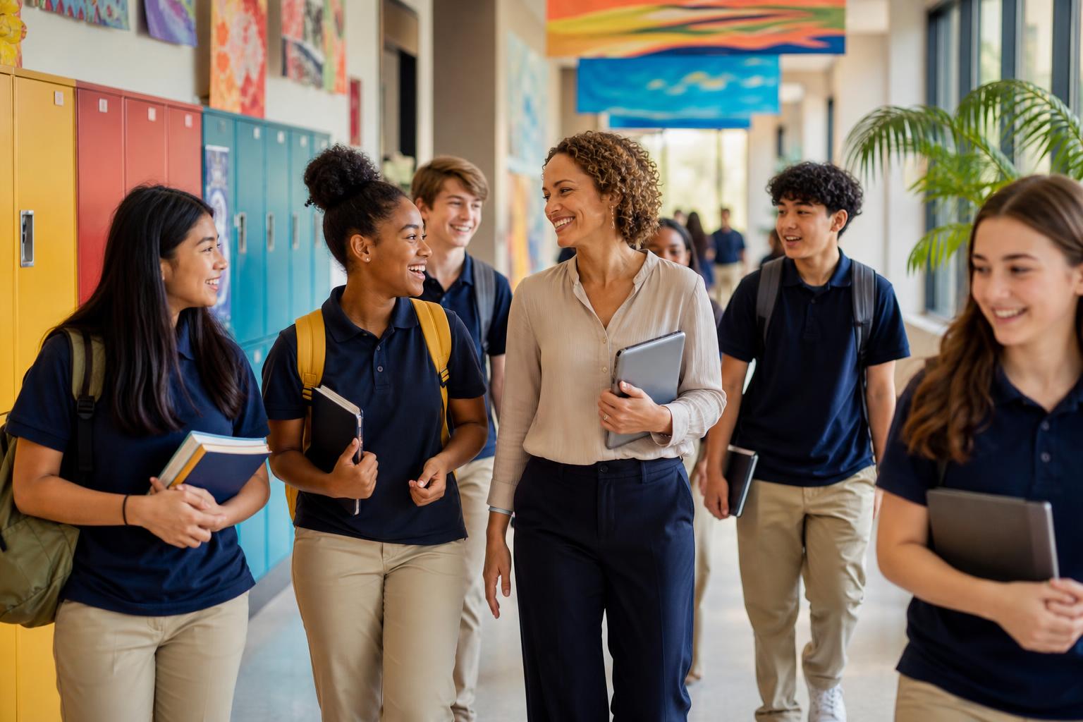 Students and staff moving through a calm, modern school hallway.