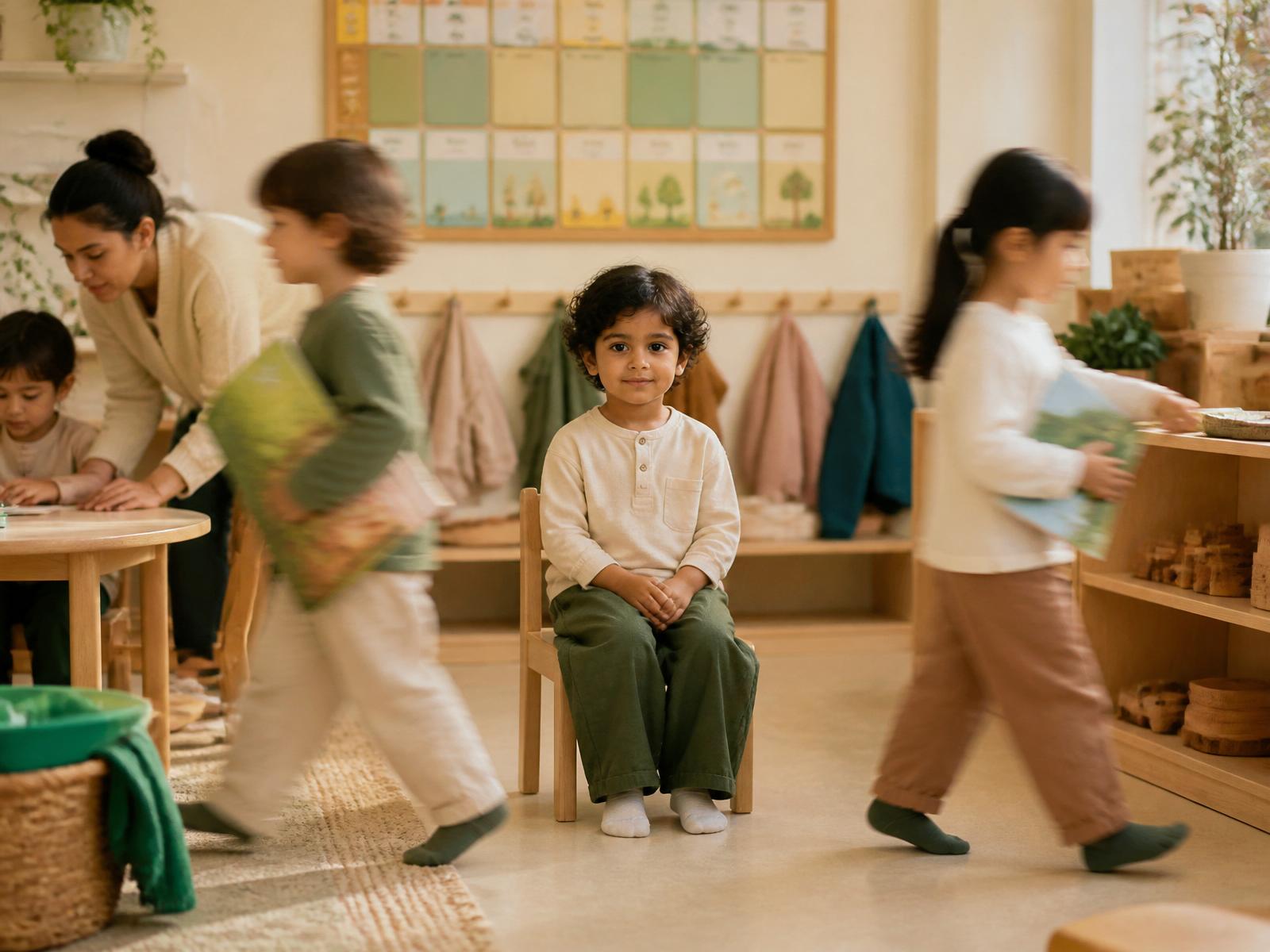 A young child at the centre of a bright pre-primary classroom, with teachers and daily routines moving quietly around them.