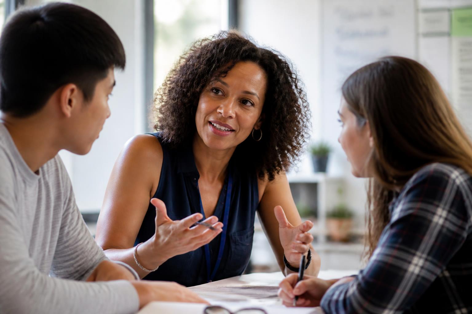 A teacher in conversation with two students in a sunlit classroom.
