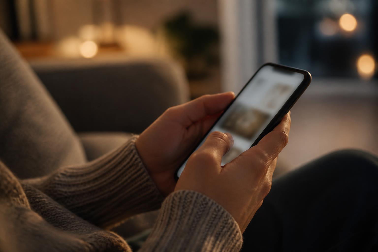 A parent reads a school message on their phone in the evening.