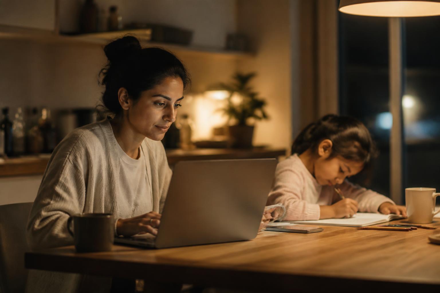 A parent works at a kitchen table beside a child doing homework.